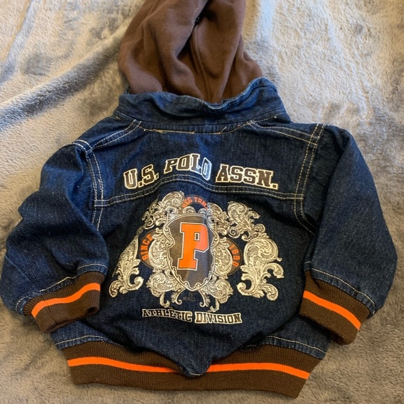U.S. Polo Assn. Kids Denim Jacket with Brown Hood and Orange Trim - Picture 2 of 3
